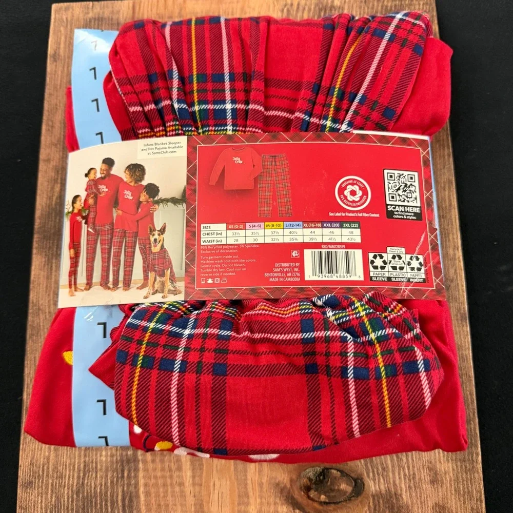 Member's Mark Womens Pajama Set Red Jolly Crew Plaid Holiday L 12-14 MM728559